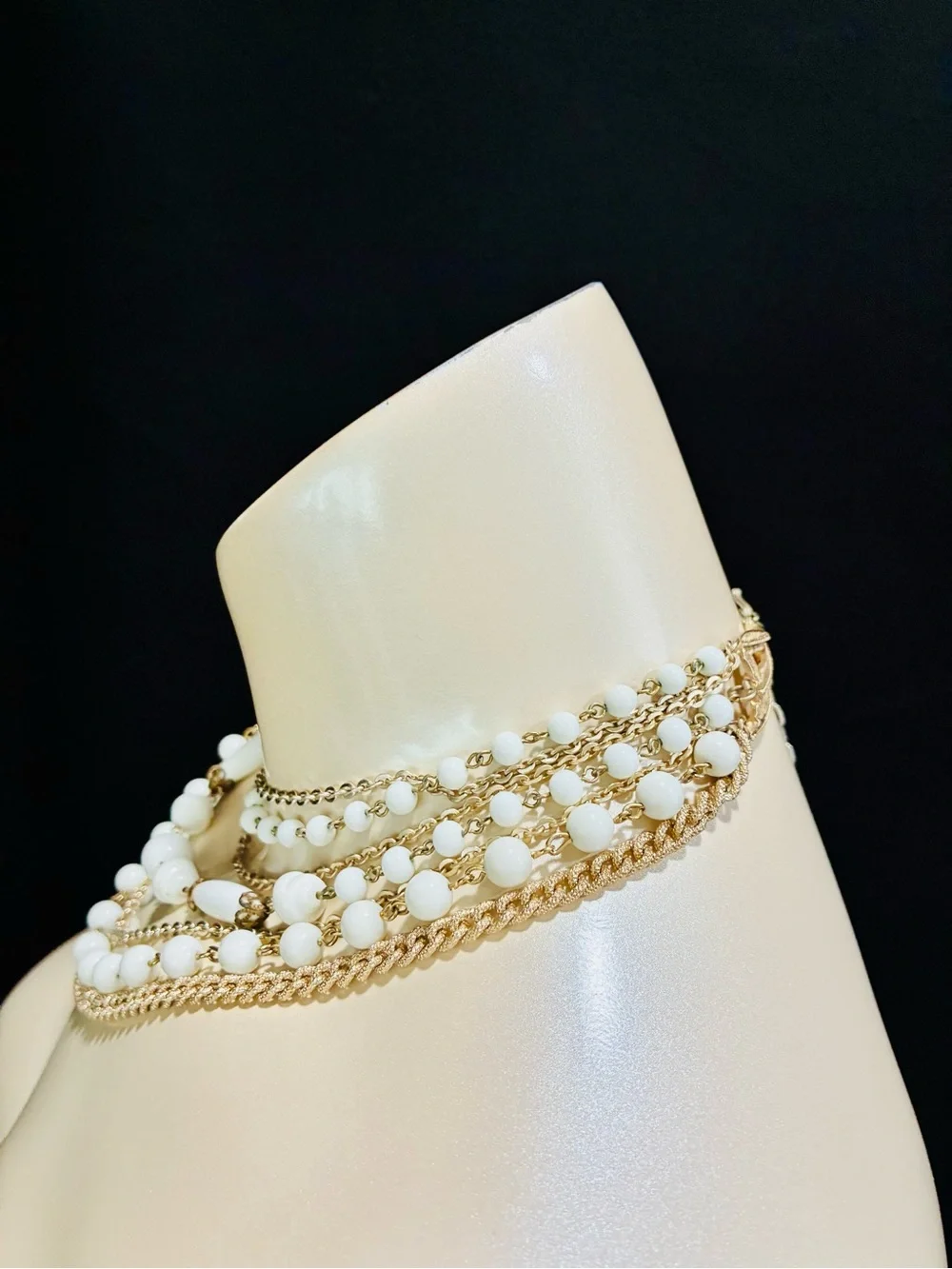Signed Multi-Strand White Bead and Gold Chain Statement Necklace MCM Retro EUC